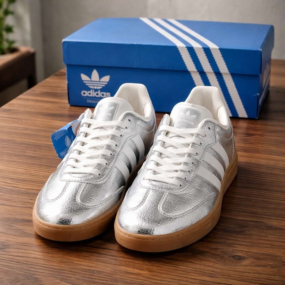 adidas Silver Metallic Leather Sneakers with Gum Sole - Picture 2 of 12